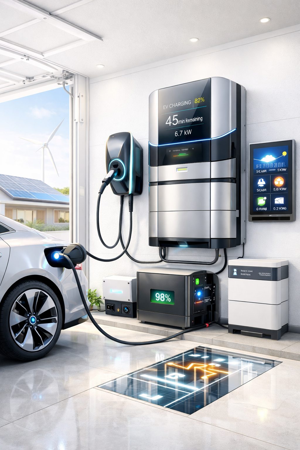 Elektrikli araç şarj istasyonu ve güneş panelleri içeren modern garaj uygulaması
